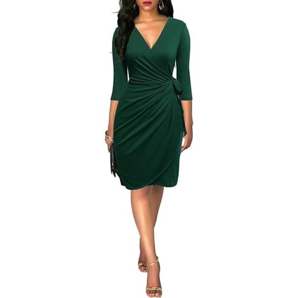 Berydress Women's Classic 3/4 Sleeve V Neck Sheath Casual Party Work Faux Green